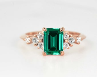 Emerald cut emerald and diamond cluster ring | Art deco emerald diamond cluster ring | dainty multi-stone ring in 9k/14k/18k rose gold