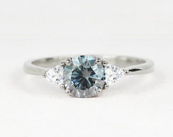 Natural Grey Moissanite  Ring, White Gold Engagement Ring, Grey Moissanite & Trillion Diamond Ring, Dainty Grey Moissanite Engagement Ring