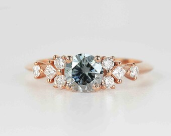 Dainty Grey Moissanite Engagement Ring: Rose Gold Diamond Art Deco Bridal Ring