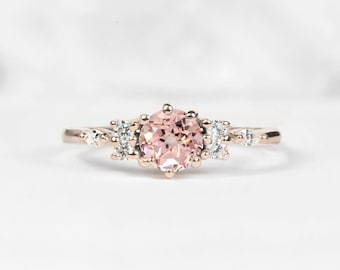 Peach Sapphire Art deco Ring | Rose Gold Engagement Ring | Peach Sapphire & Diamond Ring | Dainty Peach Sapphire Engagement Ring for her