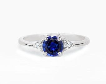 Blue Sapphire Engagement Ring in White Gold- Dainty Blue Sapphire and Diamond Engagement Ring-Blue Sapphire and Diamond Art Deco Ring