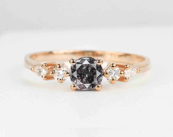 6mm Round Salt & Pepper Diamond Solitaire Ring With Round Accent Diamonds | Handmade Engagement Ring In Gold Or Platinum