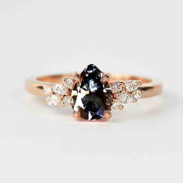 Pear Grey Moissanite Engagement Ring | Unique Moissanite and White Diamond Cluster Ring | Wedding bridal Ring | 9k/14k/18k Rose Gold Ring