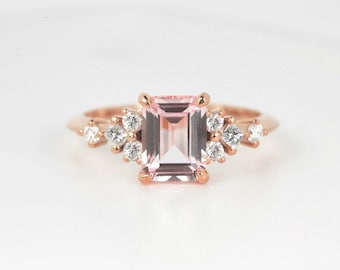Emerald Cut Morganite and Princess Cut Diamond Cluster Ring | Morganite Bridal Art deco Ring | Dainty Rose Gold Engagement Ring for her
