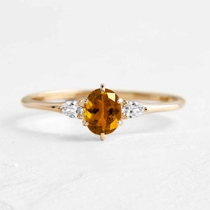 5 x 6.5mm Yellow Sapphire Engagement Ring | Dainty Yellow Sapphire and Pear Diamond Bridal Promise Ring | Vitage Inspired Art deco Ring