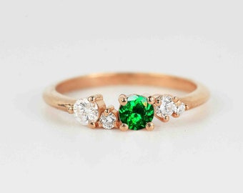 Round Tsavorite Engagement Ring | Diamond Celebrity Ring | Diamond Multi-stone Promise Ring | Vintage Inspired Rose Gold Ring for her