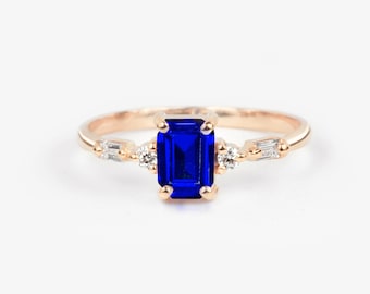 Emerald Cut Blue Sapphire and Diamond Hand Made Engagement Ring | Blue Sapphire Ring in 9k/14k/18k Rose Gold | Dainty Sapphire Ring for her