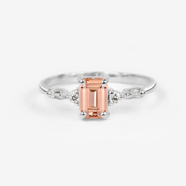 Emerald Cut Peach Sapphire and Diamond Hand Made Engagement Ring | Champagne Sapphire Ring in 9k/14k/18k White Gold | Dainty Ring for her