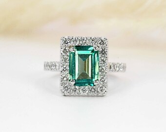 Emerald Cut Mint Green Sapphire and Diamond Engagement Ring | Vintage Inspired Ring | Mint Sapphire Dainty Ring in 9k/14k/18k White Gold