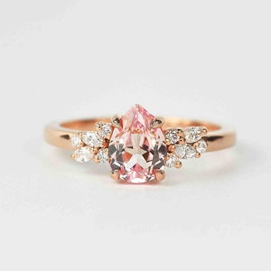 Pear Cut Peach Sapphire Engagement Ring | Unique Peach Sapphire and Diamond Cluster Ring | Wedding bridal Ring | 9k/14k/18k Rose Gold Ring