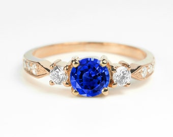 Blue Sapphire and Diamond Promise Ring | Classy Art deco Blue Sapphire Ring | Dainty Promise Ring in 9k/14k/18k Rose Gold and Platinum