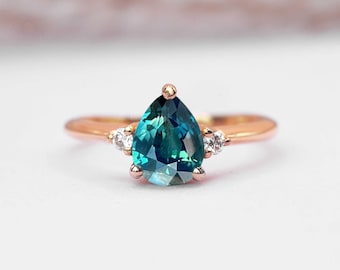 Anillo de compromiso de zafiro verde azulado con forma de pera, regalo de brida de zafiro verde azulado natural y diamante / Inauguración de la casa con zafiro verde azulado natural y diamante para ella