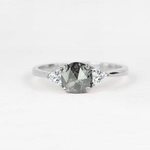 Salt and Pepper Diamond Ring | White Gold Engagement Ring | Salt and Pepper Diamond & Trillion Diamond Ring | Dainty Engagement Ring