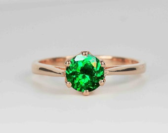 Green Tsavorite Six Prongs Dainty Engagement Ring | Round Tsavorte Anniversary Ring | 9k/14k/18k Rose Gold Bridal Art deco Ring for her