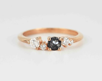 Salt and Pepper Diamond Engagement Ring | Galaxy Diamond Celebrity Ring | Diamond Multi-stone Promise Ring | Vintage Inspired Rose Gold Ring