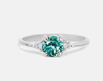 Mint Green Sapphire Engagement Ring in White Gold- Dainty Mint Green Sapphire and Diamond Engagement Ring - Multistone Art Deco Ring