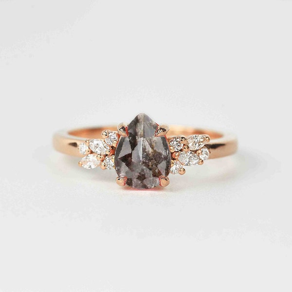 Pear Salt and Pepper Engagement Ring | Bridal Promise Ring | Unique Grey Diamond and White Diamond Cluster Ring | Wedding bridal Ring