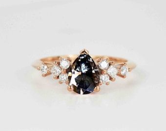 Pear Grey Moissanite Engagement Ring: Art Deco Diamond Accent, 14k Gold