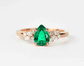 Pear Emerald Engagement Ring | Unique Emerald and White Diamond Cluster Ring | Wedding bridal Ring | 9k/14k/18k Rose Gold Ring for her