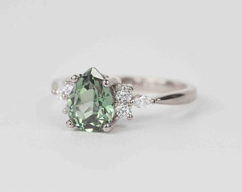 Pear Mint Green Sapphire Engagement Ring | Unique Green Sapphire and Diamond Cluster Ring | Wedding bridal Ring | 9k/14k/18k White Gold Ring