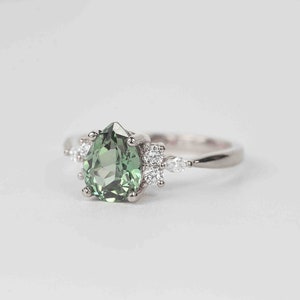 Pear Mint Green Sapphire Engagement Ring Unique Green Sapphire and Diamond Cluster Ring Wedding bridal Ring 9k/14k/18k White Gold Ring image 1