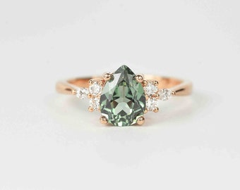 Pear Cut Green Sapphire Engagement Ring | Unique Green Sapphire and Diamond Cluster Ring | Wedding bridal Ring | 9k/14k/18k Rose Gold Ring