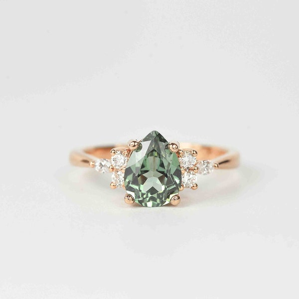 Pear Cut Green Sapphire Engagement Ring | Unique Green Sapphire and Diamond Cluster Ring | Wedding bridal Ring | 9k/14k/18k Rose Gold Ring