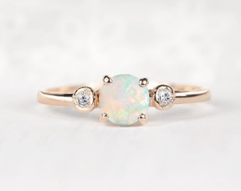 Opal and Diamond Dainty Ring | Delicate Opal Bridesmaid Ring | Art deco Vivid Opal Ring | Diamond Multi-stone Ring | Rose Gold Bridal Ring