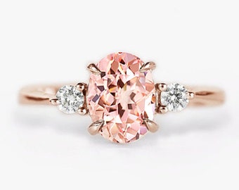 Oval Peach Sapphire Engagement Ring | Oval Iight Pink and Diamond Engagemnt Ring | wedding Bridal Anniversary Ring | Vintage Ring for her