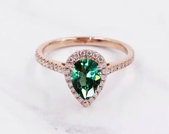 Pear Cut Mint Green Sapphire and Diamond Cluster Ring | Art deco Engagement Ring | 9k/14k/18k Dainty Green Sapphire Rose Gold Ring for her