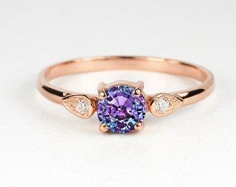 Alexandrite Sapphire Diamond Ring |  Art deco Three Stone Ring | Promise Ring | Diamond Multistone Ring | 9k/14k/18k Rose Gold  Bridal Ring