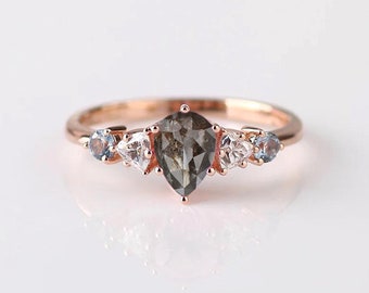 Pear Cut Salt and Pepper and Aquamarine Cluster Ring | Dainty Diamond Ring | Vintage Diamond Wedding Ring | 5x7mm Pear Cut Grey Diamond Ring