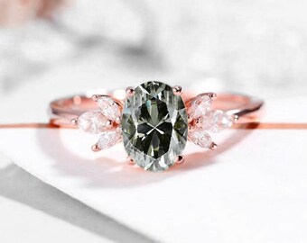 Oval Grey Moissanite Engagement Ring in 9k/14k/ 18k Rose Gold | 7x5mm Moissanite Marquise Diamond Bridal Ring | Birthstone Ring for her