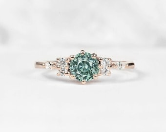 Ice Mint Green Sapphire Ring - Art Deco Diamond Engagement Ring - Round Green Sapphire Bridal Ring - Dainty Engagement Ring in Rose Gold
