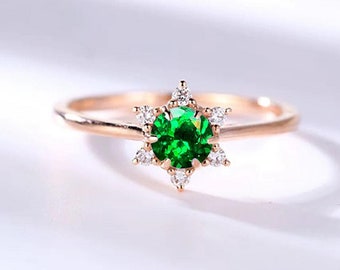 Green Tsavorite and Six Round Diamond Cluster Ring | Vivid Tsavorite Promise Engagement Ring | Elegant Diamond Wedding and Engagement Ring