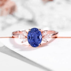 Oval Medium Blue Sapphire Engagement Ring in 9k/14k/ 18k Rose Gold | 7x5mm Marquise Diamond Bridal Ring | Birthstone Ring for her