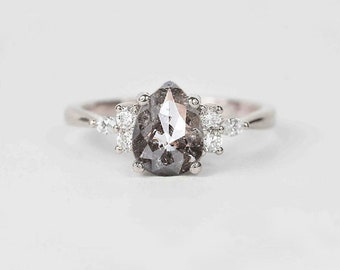 Pear Salt and Pepper Diamond Engagement Ring | Unique Grey Diamond Cluster Ring | Wedding bridal Ring | 9k/14k/18k White Gold Ring for wife