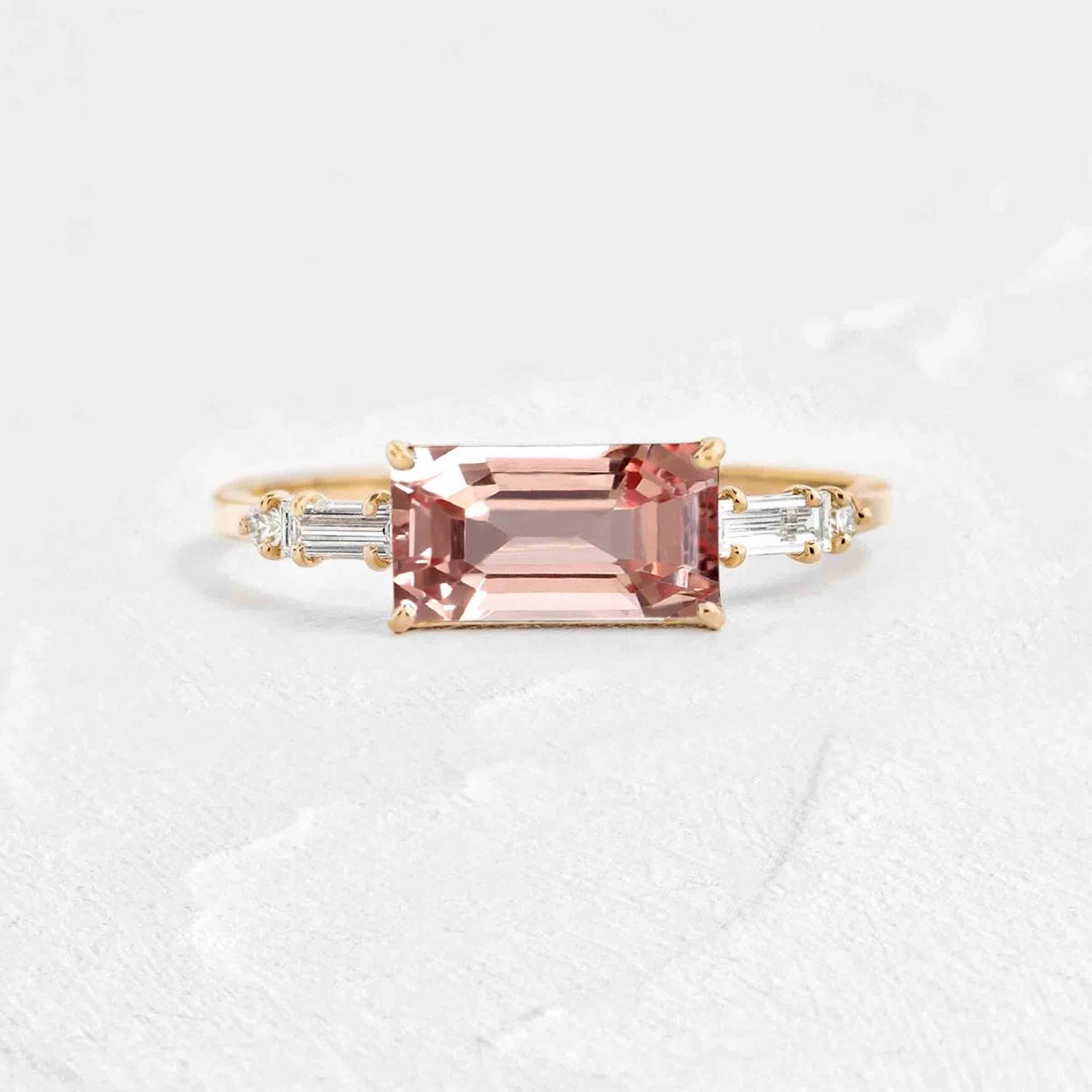 4 X 6mm Emerald Cut Peach Sapphire Dainty Engagement Ring Etsy UK