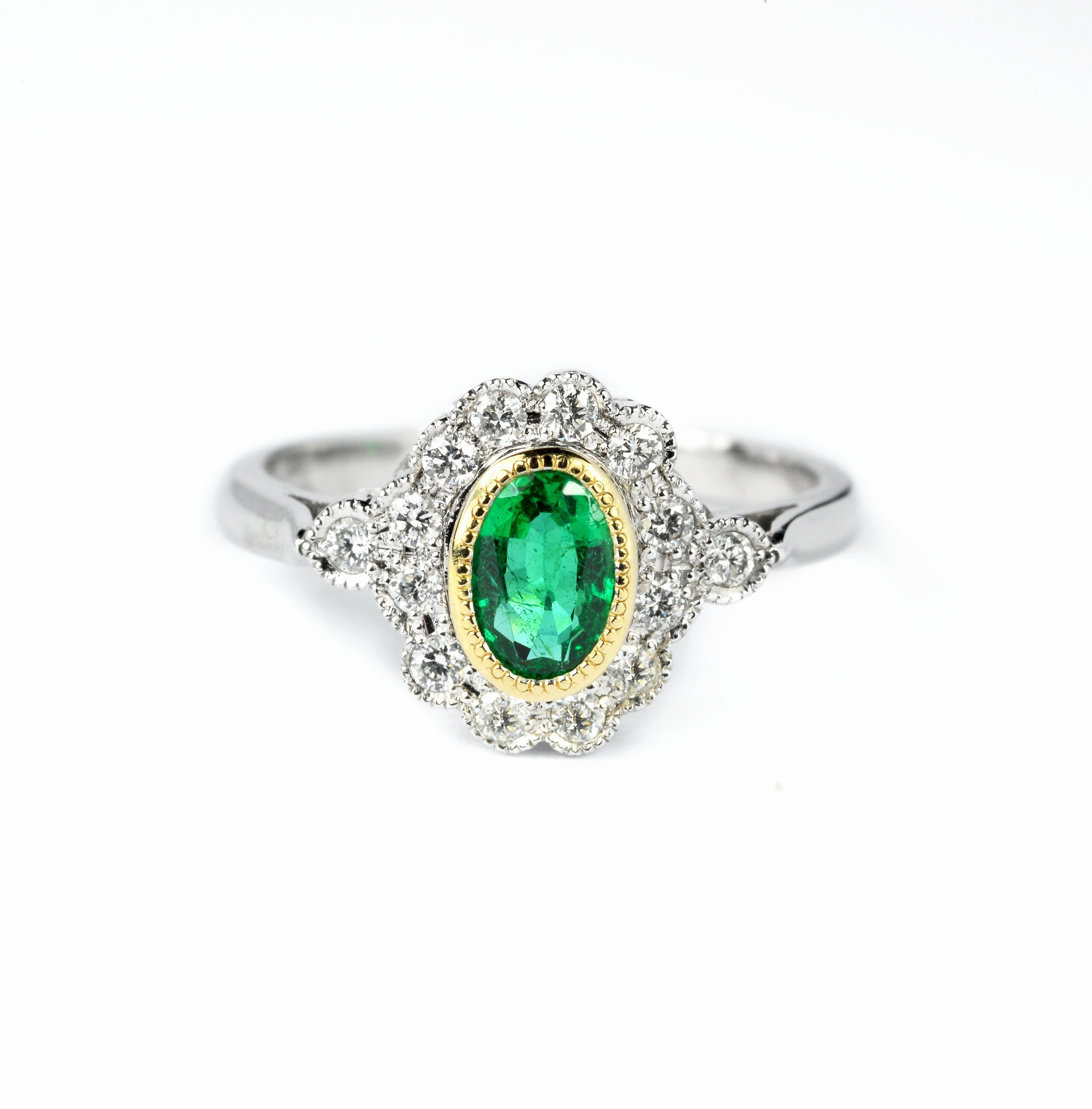 エメラルドダイヤモンドクラスターリング：アールデコプラチナ