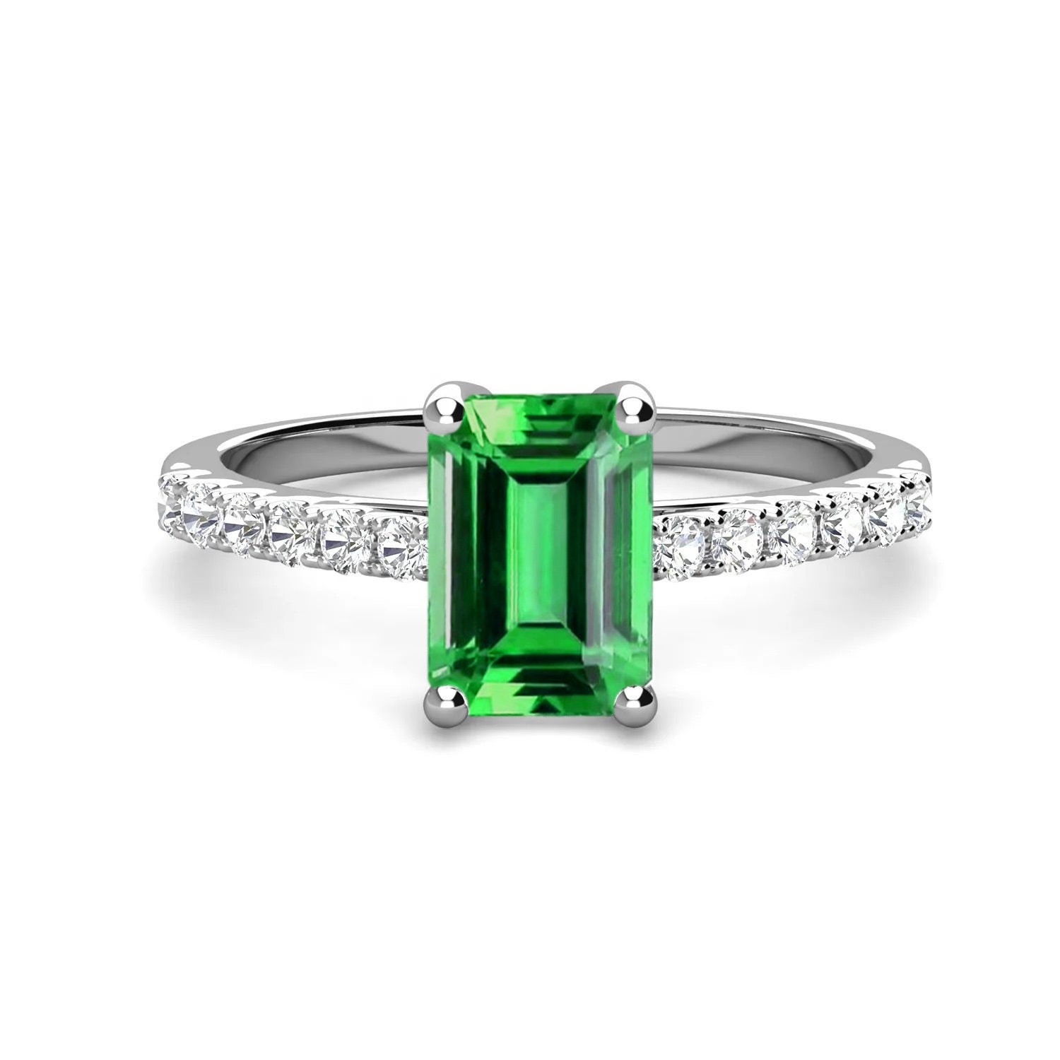 Emerald Cut Green Tsavorite Engagement Ring | Green Tsavorite High Engagement Ring | Tsavorite Diamond Dainty Ring | Bespoke Art deco Ring