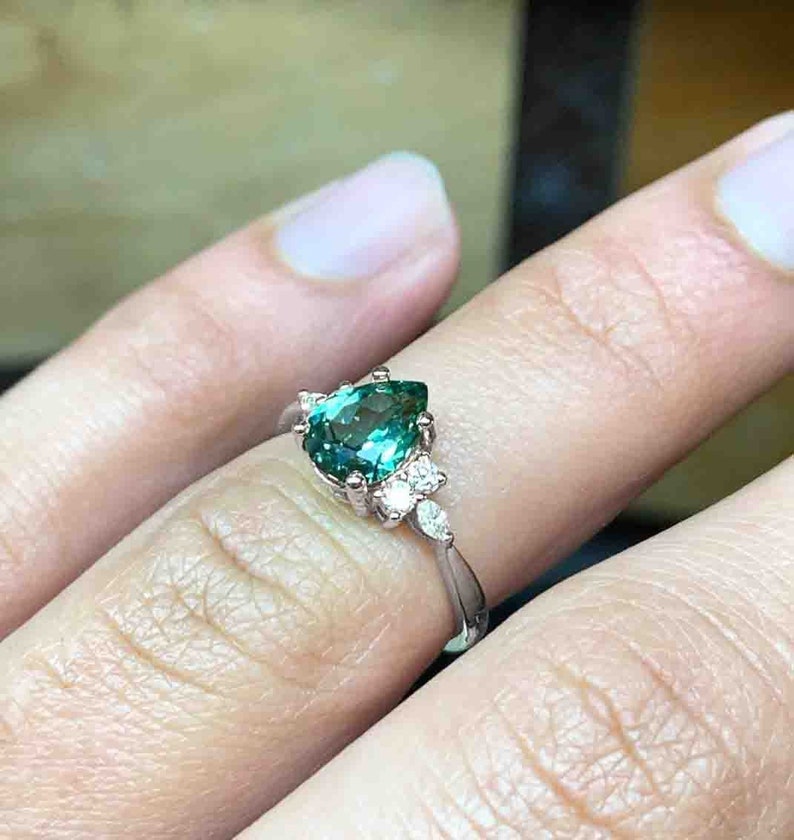 Pear Mint Green Sapphire Engagement Ring Unique Green Sapphire and Diamond Cluster Ring Wedding bridal Ring 9k/14k/18k White Gold Ring image 5