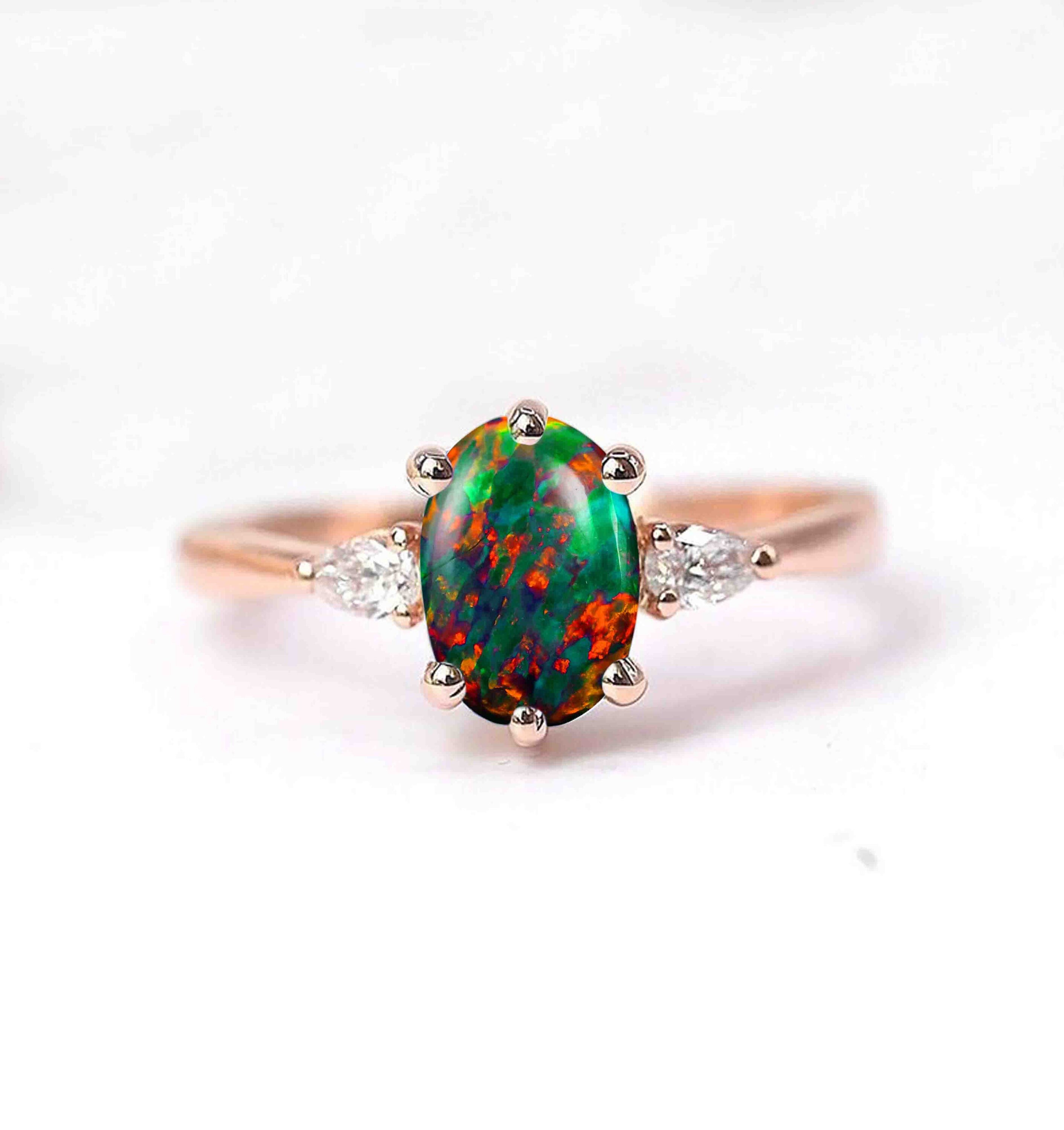 Oval black opal engagement ring | Opal gift ring for women | Unique art deco black opal ring for her | Oval opal and diamond ring