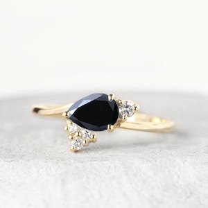 Black Diamond Art deco Engagement Ring | Pear Black Diamond dainty Ring | Vintage Inspired Ring in 9k/14k/18k Yellow Gold Ring