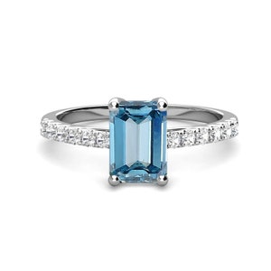 Emerald Cut Aquamarine Engagement Ring | Aquamarine High Engagement Ring | Aquamarine and Diamond Dainty Ring | Bespoke Art deco Ring