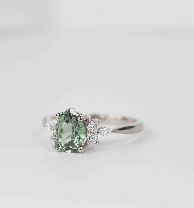 Pear Mint Green Sapphire Engagement Ring Unique Green Sapphire and Diamond Cluster Ring Wedding bridal Ring 9k/14k/18k White Gold Ring image 1