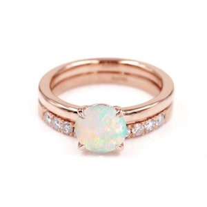 Opal Art Deco Ring Set: 14k Rose Gold & Diamond Wedding Band