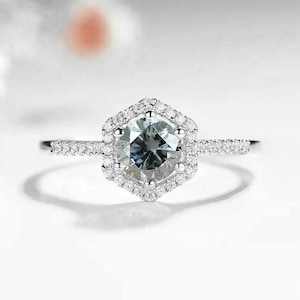 Round Grey Moissanite Six Prongs Art deco Engagement Ring | wedding and engagement Dainty Ring | Promise Elegant Diamond Ring in Rose Gold