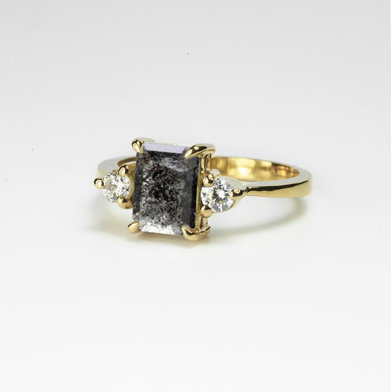 Salt and Pepper Diamond Three Stones Engagement Ring Emerald Cut Grey Diamond Art deco Ring Dainty Multi-Stone Ring Bridal Promise Ring image 2