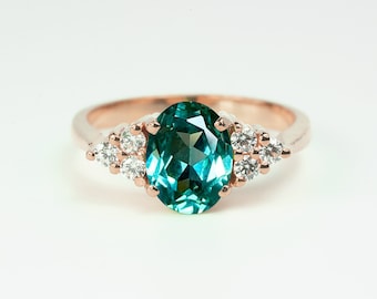 Oval Mint Green Sapphire Engagement Ring | Brilliant Green Sapphire Cluster Ring | Art deco Rose Gold Wedding Ring | Dainty Anniversary Ring