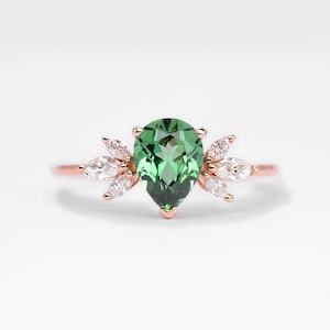Mint green sapphire and marquise diamond ring | Pear cut green sapphire cluster ring | Mint sapphire art deco ring 9k/14k/18k rose gold ring